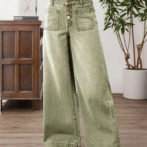 Army Green Casual Women's Wide Leg Patchwork Loose Jeans - Picture 5 of 7